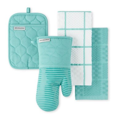 KITCHENAID Quilted Cotton Terry Cloth Oven Mitt, Pot Holder, Kitchen Towel 4-Pack Set, Heat Resistant, Silicone Grip, Gift Set, Aqua Sky, 16"x26", 7"x13" &amp; 7"x10