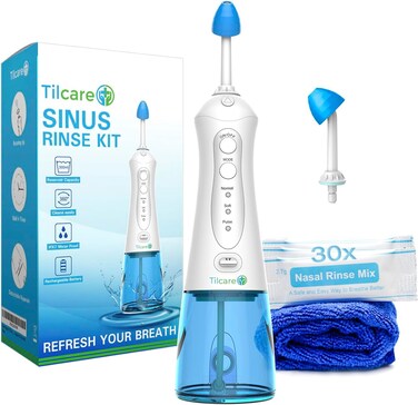 Nasal Irrigation System by Tilcare - Perfect Nasal Rinse Machine for Sinus &amp; Allergy Relief - Electric Neti Pot for Nasal Irrigation to Cleanse Your Stuffy Nose - Comes with a Towel and 30 Salt Packs
