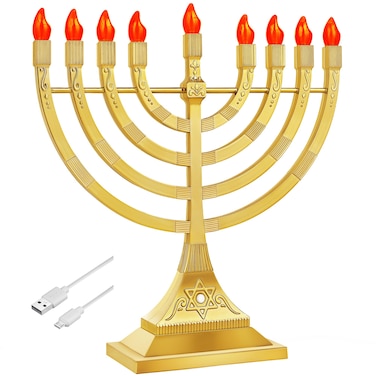 Zion Judaica Glossy Gold Electric Hanukkah Menorah LED Bulbs - Batteries or USB Powered - 4' Cable Included Battery Hanukkiah Chanukah Lights