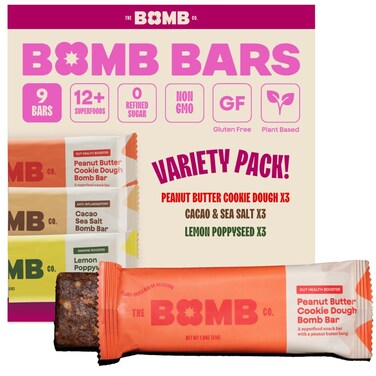 The Bomb Co. Bomb Bars Variety Pack, Healthy Snacks, Plant Based Bars With Superfood &amp; Super Seeds, On the Go Snack &amp; Breakfast Bar, Energy Support, Gluten Free, Non GMO, Dairy Free, 9 Bars
