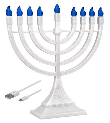 Zion Judaica White Electronic Hanukkah Menorah with Blue LED Flame Shaped Bulbs - Batteries or USB Powered - 4' Cable Included Chanukah Battery Menurah