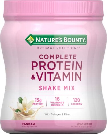 Nature's Bounty Complete Protein &amp; Vitamin Shake Mix with Collagen &amp; Fiber, Contains Vitamin C for Immune Health, Vanilla Flavored, 16 Oz