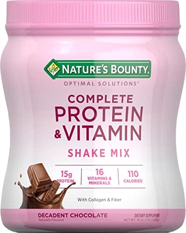 Nature's Bounty Complete Protein &amp; Vitamin Shake Mix with Collagen &amp; Fiber, Contains Vitamin C for Immune Health, Decadent Chocolate Flavored, 1 lb