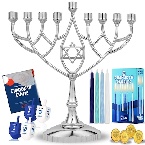 Last Minute Complete Hanukkah Menorah Kit - 9&quot; Menorah, 44 Colored Hanukkah Candles, Chanukah Handbook Guide, 4 Colored Dreidels, Chocolate Gelt Coins - Chanukkah Essentials in 1 Box by Zion Judaica