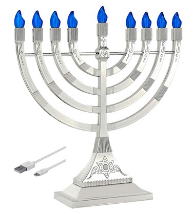 Zion Judaica 12" Chanukah Menorah with Flame Shaped LED Bulbs Electric Menorah USB Powered or Batteries Electronic Minorah - 4' Cable Included Hanukkah Battery Menorahs Silver