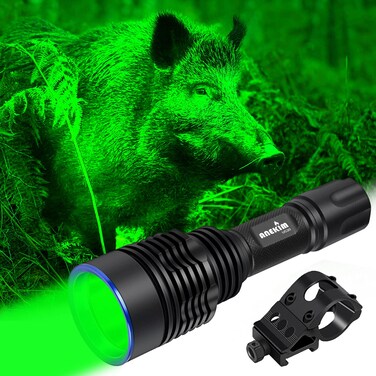 ANEKIM UC20 Green Hunting Flashlight kit, 1586 Yards Green LED Weapon Light, 2000 High Lumens Rechargeable Tactical Light, Picatinny Mount, Pressure Switch for Long Distance Night Hunt