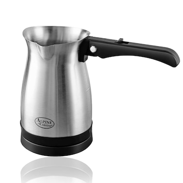 Arabic, Greek, &amp; Turkish Electric Coffee Maker Machine Pot Warmer Kettle Premium Quality Stainless Steel 0.3 L, 4 Cup Capacity Cool Touch Handle Cordless Base (Foldable Handle, Travel Size)