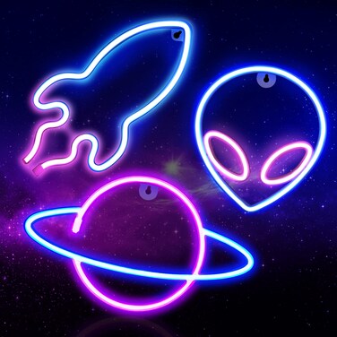 Neon Signs for Wall Decor, 3PCS LED Neon Lights for Bedroom,USB or Battery Powered Light Up Space Element Alien Planet Rocket for Kids,Teen Boys,Gaming Room,Bar,Birthday,Cool Decoration Aesthetic Gift