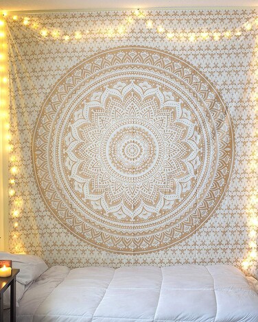 RAJRANG Golden Mandala Tapestry for Bedroom and Living Room Wall Hanging Cotton Tapestries Golden and White Ombre 90x84 Inches