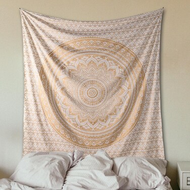 THE ART BOX Handmade Indian hippie Bohemian Psychedelic Ombre Mandala Wall hanging College Dorm Beach Throws Table Cloth Bedding Tapestry Golden, Queen(85x90Inches)