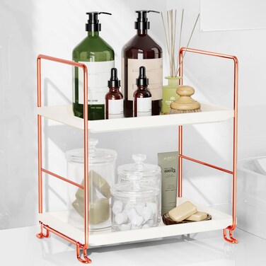 FSyueyun 2-Tier Bathroom Countertop Organizer, Tool-Less Installation Premium Plastics Makeup Shelf Organizer Perfume Skincare for Dresser Vanity Tray Organizers and Storage (Rose Gold)
