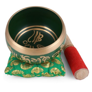 Tibetan Singing Bowl - 4 inch, Green Singing Bowl Set with Beater and Singing Bowl Cushion for Meditation and Yoga