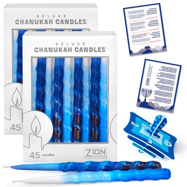 Dripless Hanukkah Candles Set - 45 Multi Tone Blue and White Ombre Spiral Candle Includes a DIY Dreidel, Prayer Card - Standard Size Menorah Candles Enough for Eight Nights of Chanukah By Zion Judaica