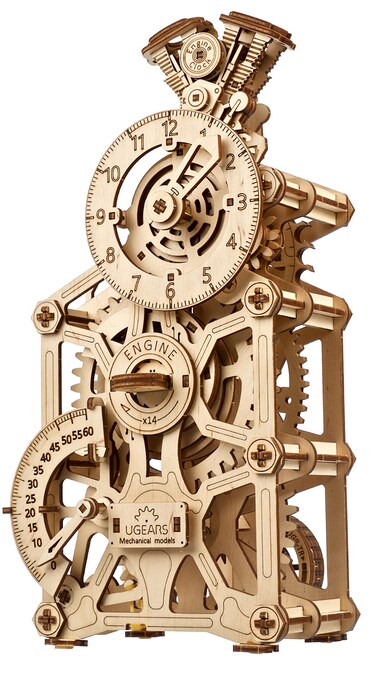 UGEARS Engine Clock 3D Wooden Puzzles for Adults - Mechanical 3D Puzzle Clock Kits for Do It Yourself, Functional Table Clock with Moving Pistons - Miniature Kit Models for Adults to Build - 265 Pcs