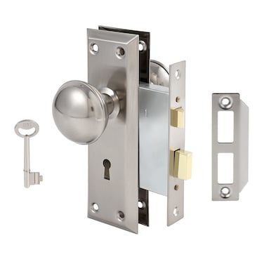 Toptotoo Mortise Lock Set for Interior Door, Vintage Antique Door Knobs with Lock and Skeleton Key, Old Door Knob Replacement Fits 1-3/8 in 1-3/4 in, Brushed Satin Nickel Finish