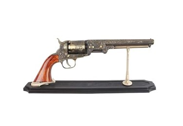 US 13" Decorative Antique Wood Western Style Navy Revolver with Display Stand Included for Collectors