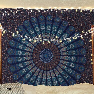 Bless International Handmade Indian hippie Bohemian Psychedelic Peacock Mandala Wall hanging College Dorm Beach Throws Table Cloth Bedding Tapestry (Blue Green, King(88x104Inches)(225x265Cms))