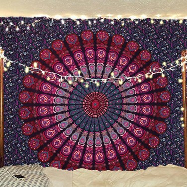 Bless International Handmade Indian hippie Bohemian Psychedelic Peacock Mandala Wall hanging College Dorm Beach Throws Table Cloth Bedding Tapestry (Purple Pink, Queen(84x90Inches)(215x230Cms))