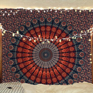 Bless International Handmade Indian hippie Bohemian Psychedelic Peacock Mandala Wall hanging College Dorm Beach Throws Table Cloth Bedding Tapestry (Golden Blue, King(88x104Inches)(225x265Cms))