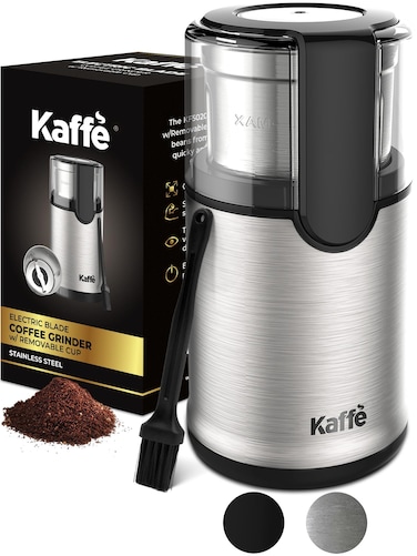 Kaffe Electric Coffee Grinder with Removable Cup (3.5oz) - Stainless Steel - Cleaning Brush Included - Espresso Coffee Bean Grinder for Home Use - Silver