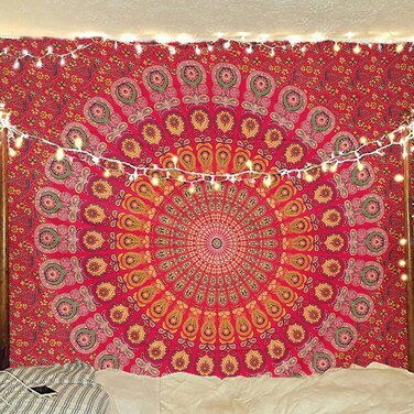 Indian hippie Bohemian Psychedelic Golden Blue Peacock Mandala Wall hanging Bedding Tapestry (Golden Red, King (88x104Inches)(225x265Cms))