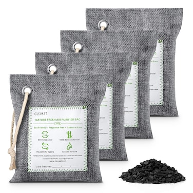 CLEVAST 4 Pack Bamboo Charcoal Air Purifying Bags(Large, 4x200g) Activated Natural Home Odor Absorber, Deodorizer and Moisture Eliminator, Purifier for Closet, Shoe, Car Air freshener, Pet Safe