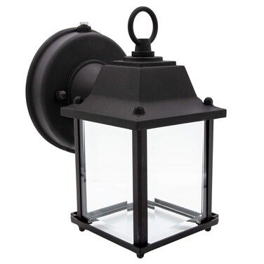 Maxxima LED Porch Lantern Outdoor Wall Light - Features Clear Glass, 3000K Warm White, 650 Lumens, Dusk to Dawn Photocell Light Sensor, Patio or Porch Sconce Fixture for Exterior Lighting - Black