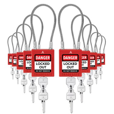 TRADESAFE Lockout Tagout Steel Cable Locks with Keys - 10 Red Keyed Alike Unlimited Grouping Electrical Lockout Padlock Set, 2 Keys Per Lock, Premium Grade Loto Locks, OSHA Compliant