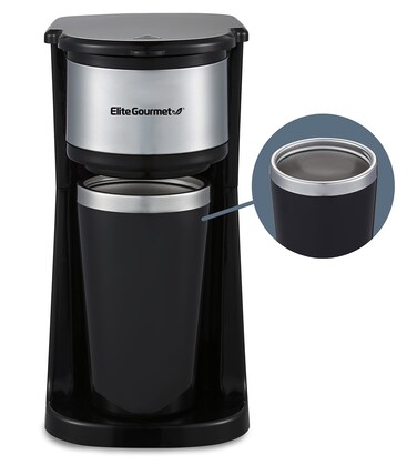 Elite Gourmet EHC112 Personal Single-Serve Compact Coffee Maker Brewer Includes 14Oz. Thermal Travel Mug with Stainless Steel Interior, Compatible with Coffee Grounds, Reusable Filter, Black
