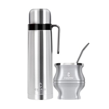 CUOPRU Vacuum Insulated Bottle Set with Stainless Steel Mate Cup, Bombilla (Straws), Tea Filter Set Included - Yerba Mate Kit (Silver)