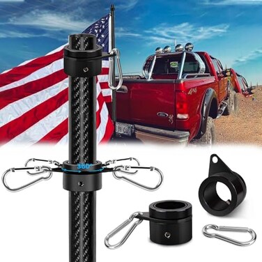 Sinyoeer 6FT 1.25 inch Truck Flag Pole, 1 1/4 Heavy Duty Carbon Fiber Flag Pole for Truck, Vehicle Flagpole for Truck Pickups Jeeps RVs SUVs Car, Reach 80+ MPH