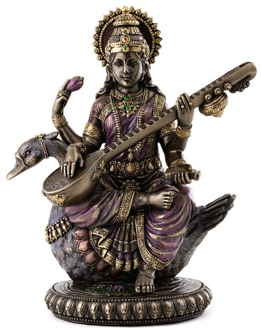 Top Collection Saraswati Sitting on Swan Playing the Vina Statue - Hindu Goddess of Music and Knowledge Sculpture in Premium Cold Cast Bronze - 8.5-Inch Collectible Hindu Figurine