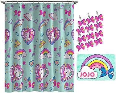 Jay Franco Nickelodeon JoJo Siwa Retro Rainbow 14 Piece Bathroom Set - Includes Shower Curtain, 12 Hooks, &amp; Non-Slip Bath Rug - Easy Care Fabric Features Unicorn (Official Nickelodeon Product)