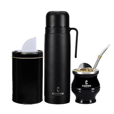 Cuopru Premium Stainless Steel Yerba Mate Kit, Gourd, 33.8oz Insulated Bottle, Container, Bombilla, Cleaning Brush, Tea Filter Set, Matte Black