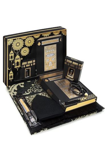 ihvan online Prayer Gift Box for Hajj and Umrah, Muslim Prayer Rug, Islamic Mat, Beads Tesbih, Holy Quran, Miswak, Muslim Kufi Hat, Islamic Deluxe Set for Ramadan &amp; Eid Gift, Black/Set 2
