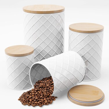 Pebble &amp; Stem White Metal Canisters Sets for the Kitchen Counter, Kitchen Canisters Set of 4, Airtight Lids,Sugar and Flour Containers for Countertop, Coffee and Tea Storage, Farmhouse Decor