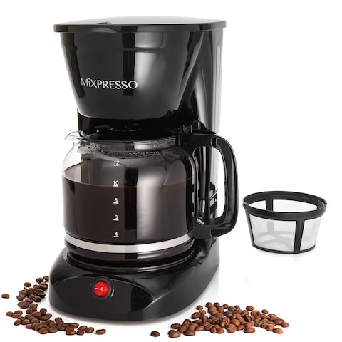 Mixpresso 12 Cup Coffee Pot, Auto-Off &amp; Reusable Filter, Large Drip Coffee Maker 12 Cup Borosilicate Glass Carafe, Anti-Drip Coffee Machine Water Level Window, Black Electric Coffee Maker
