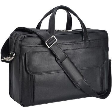Masa Kawa Black Leather Briefcase for Men 17 Inch Laptop Computer Case Business Travel Work Messenger Cross Body Shoulder Bag