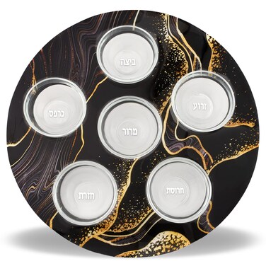Zion Judaica Decorative Passover Seder Plate Marble Decal 12" Round Seder Tray Artistic Black &amp; Gold Marble Pattern with 6 Glass Liners for Seder Symbolic Foods Pesach Decor Plate Pessah Dinnerware