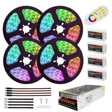 DC12V RGBW SMD5050 Led Strip Lights RGB+White LED Tape 60leds/m + Mi-Light Controllers + 20A Power Supply for Home Decoration (RGBW IP65, 5mx4 Rolls Strips Kit, with 10x Fixed Buckles)