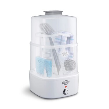 Clorox 2-Tier Electric Steam Sanitizer for Kitchen Utensils, Cleaning Sponges, Bathroom Accessories, Brushes &amp; More, Kills 99.999% of Bacteria, Easy to Use, Compact Design, Space-Saving Storage, White