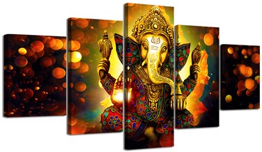 Large 5 Pieces Lord Ganesha Indian Wall Decor - Hindu Temple Puja Mandir for Home - Elephant Zen Photo Picture Canvas Print Paintings for Living Room House Wooden Framed Decorations (60" W x 32" H)