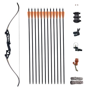 TBOW 60" Takedown Recurve Bow and Arrow Set Metal Riser 30-60Lbs Black/Camo Right Hand for Hunting with 12Pcs Training Carbon Mix Arrows (30Lbs, Black)