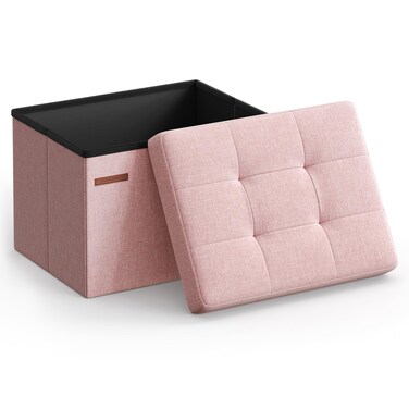 SONGMICS Mazie Collection - Small Folding Storage Ottoman, Foot Rest Stool, 12.2 x 16.1 x 12.2 Inches, 286 lb Load Capacity, for Living Room, Bedroom, Home Office, Dorm, Jelly Pink ULSF102R01