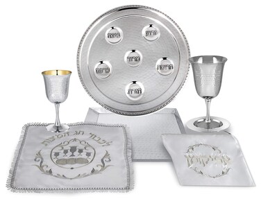 Passover Seder Complete Set Hammered Vienna Collection - Includes Seder Plate, Matzah Tray, Elijah Cup with Saucer, Kiddush Cup, Square Matzo Cover &amp; Afikoman Bag Passover decorations By Zion Judaica