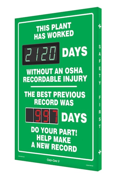 Accuform SCK120 Digi-Day Electronic Scoreboard, "THIS PLANT HAS WORKED _ DAYS W/O AN OSHA RECORDABLE INJURY - THE BEST PREVIOUS RECORD WAS _ DAYS - DO YOUR PART! HELP MAKE A NEW RECORD