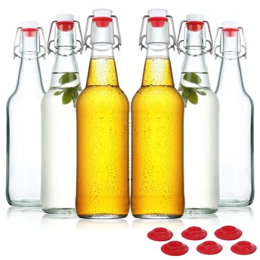 YEBODA Clear Glass Beer Bottles for Home Brewing with Easy Wire Swing Cap &amp; Airtight Silicone Seal 16 oz- Case of 6