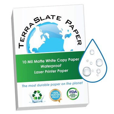TerraSlate Printable Waterproof Paper for Laser Printer, 10 MIL 8.5" x 14", 100 Sheets, Matte White Printer Paper I Rip-Resistant, Weather/Rain Proof Copy Paper