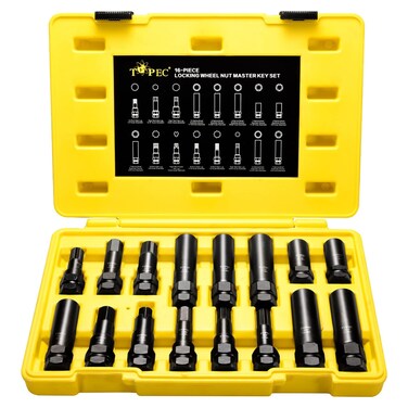 Topec 16-Piece Locking Lug Nut Master Key Set   5, 6, 7, 12 Spline Socket Set, Star and Internal Hex Style Lug Nut Key Set, CR-MO Steel