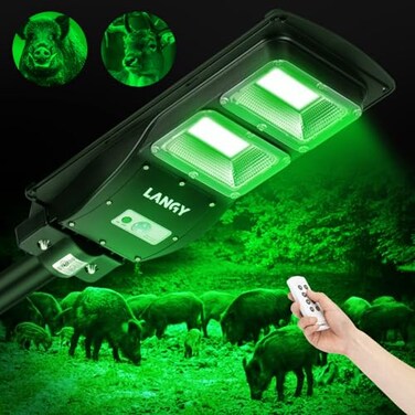 LANGY Hog Lights for Night Hunting, 12000LM Solar Hog Light, Motion Activated Feeder Lights with Remote,20" Mount Pole is Included, Solar Green Light for Hunting Hogs Deers